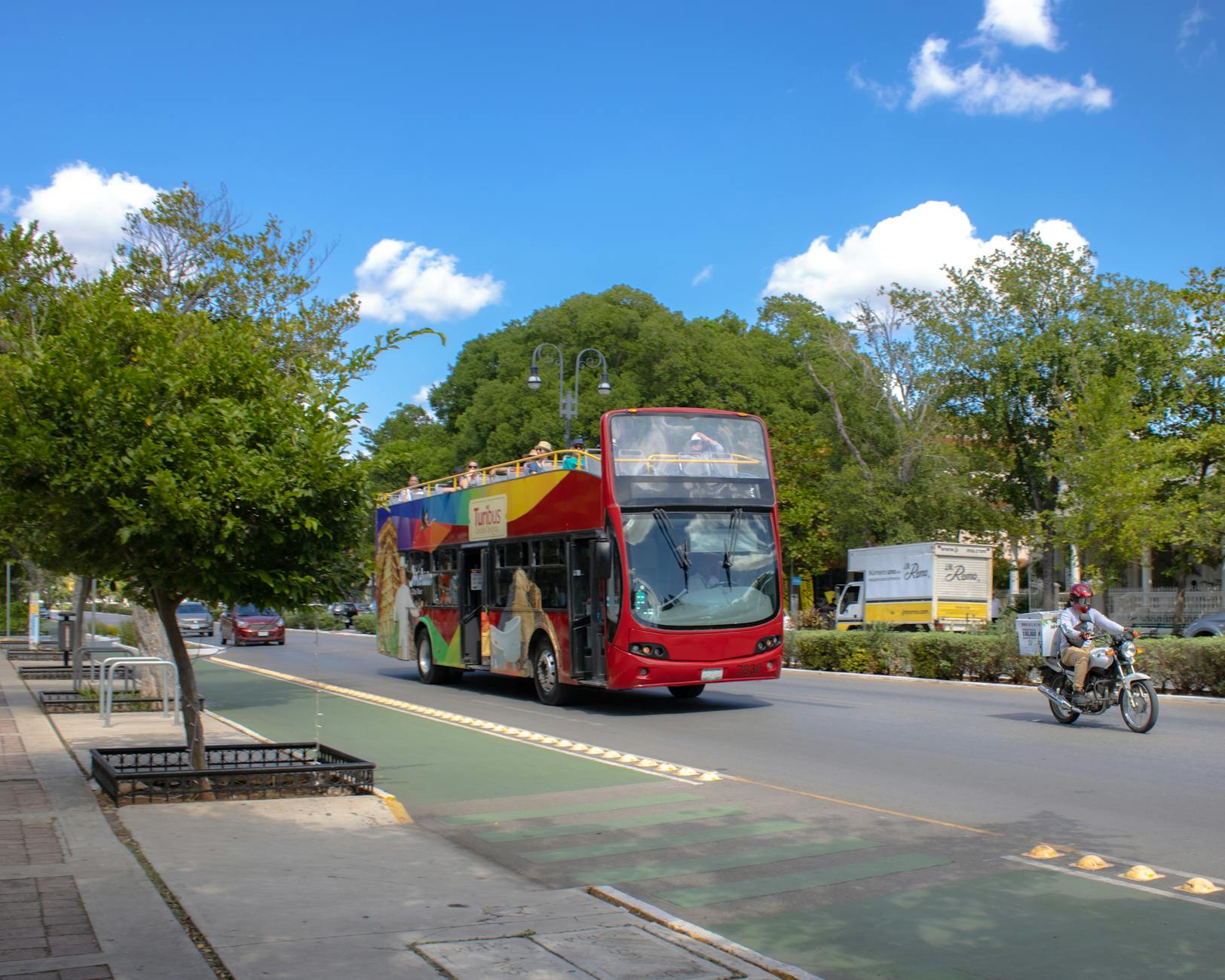 view of a tour bus with tourists driving on a street in city