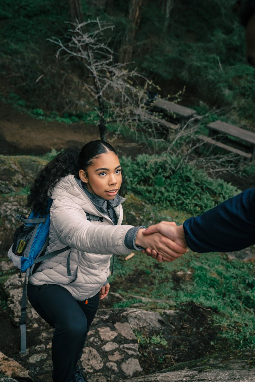 woman in white bubble jacket