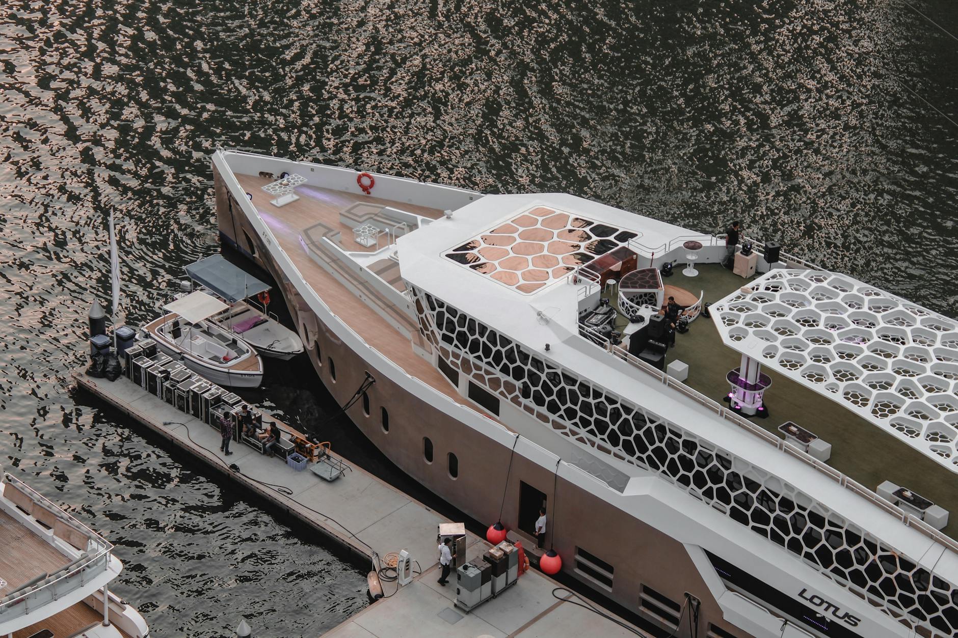 aerial view of the lotus mega yacht in the harbor in dubai uae